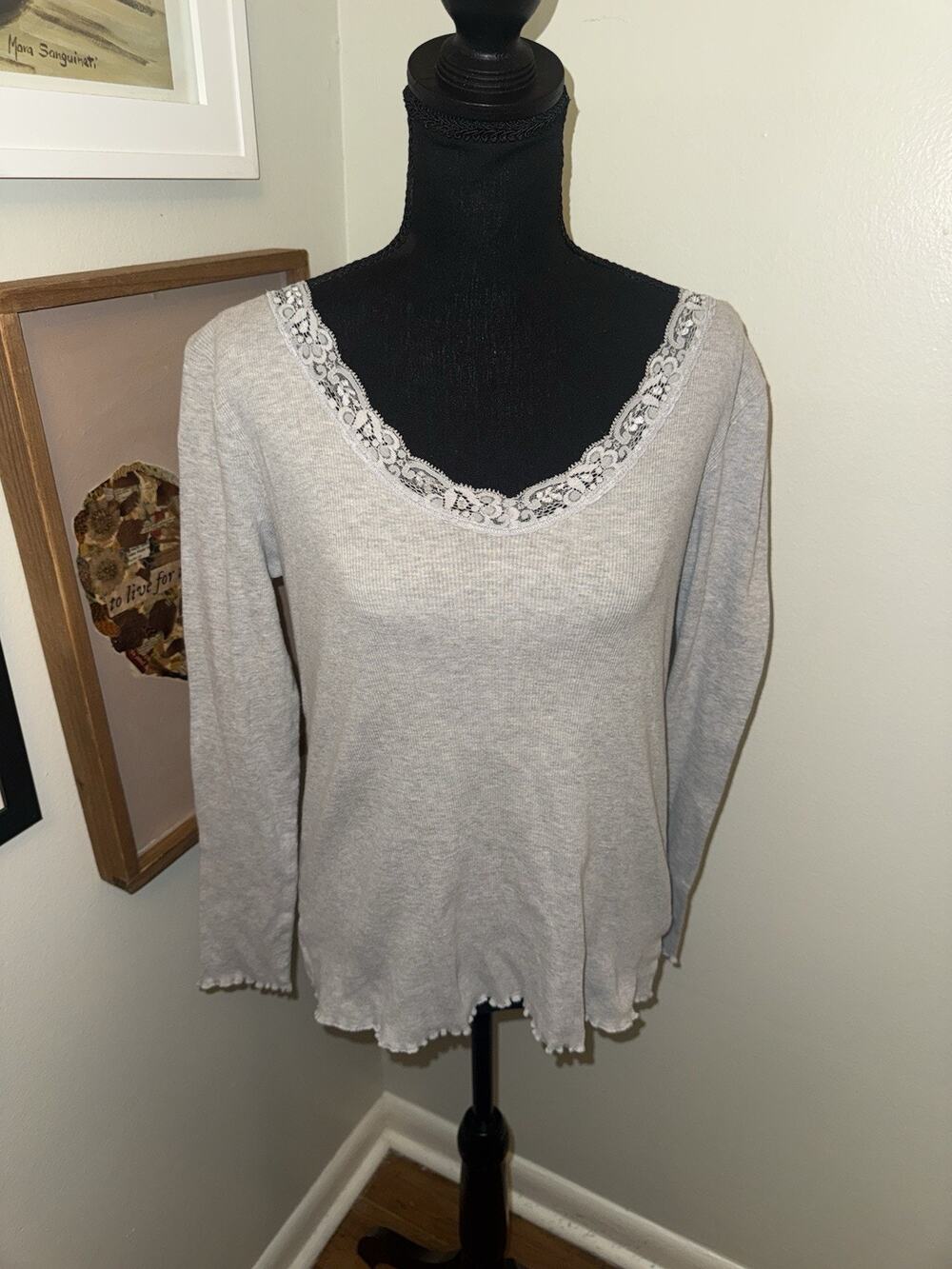 Zena Gray Ribbed Knit Lace Trim Long Sleeve Top L Lettuce Hem Coquette Y2K